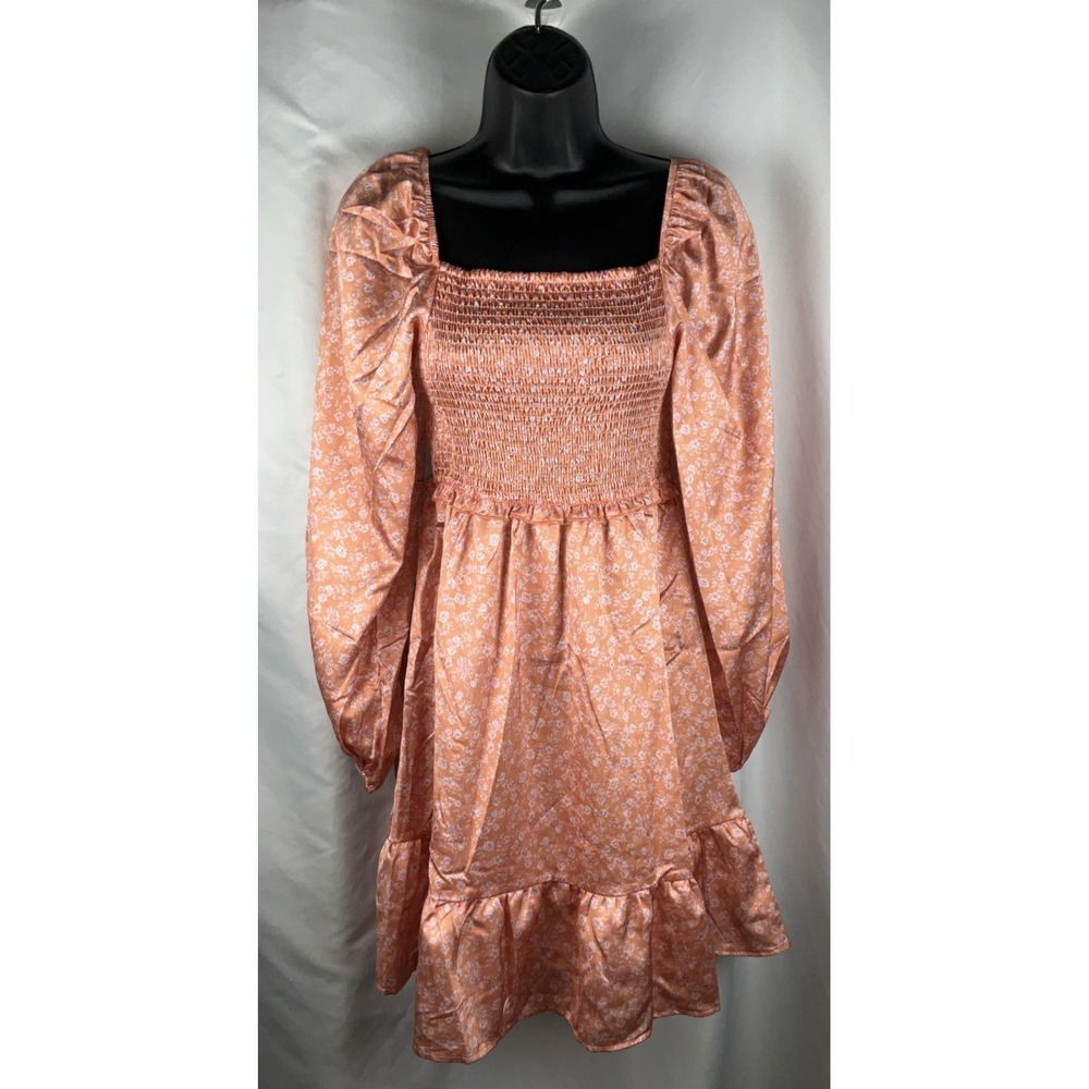 Peach Love Women's Small Peach Floral Satin Dress Balloon Sleeve Ruffle Smocked
